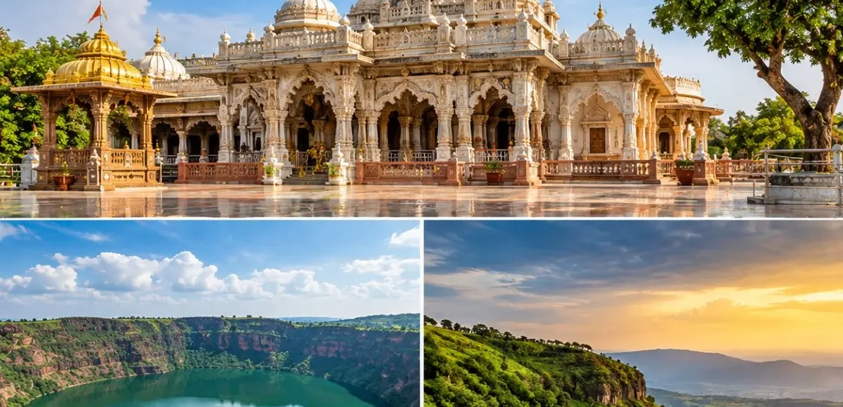 Shegaon Lonar Lake Chikhaldara Tour Package featuring Gajanan Maharaj Temple, Lonar Crater Lake, Chikhaldara viewpoints and lush forest landscapes.