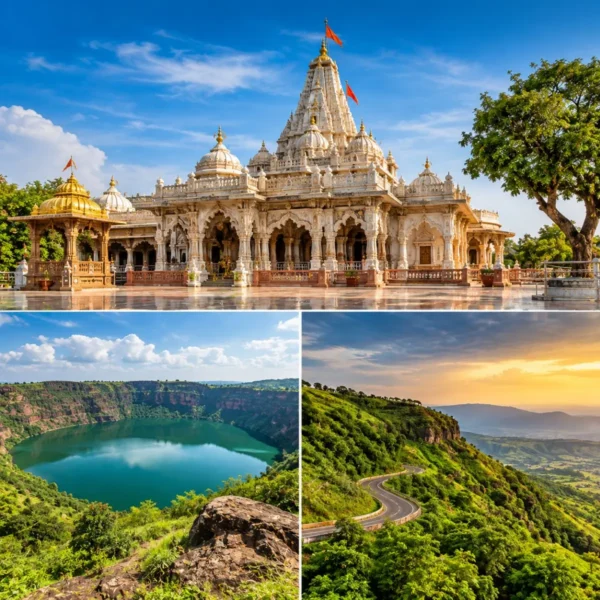 Shegaon Lonar Lake Chikhaldara Tour Package featuring Gajanan Maharaj Temple, Lonar Crater Lake, Chikhaldara viewpoints and lush forest landscapes.