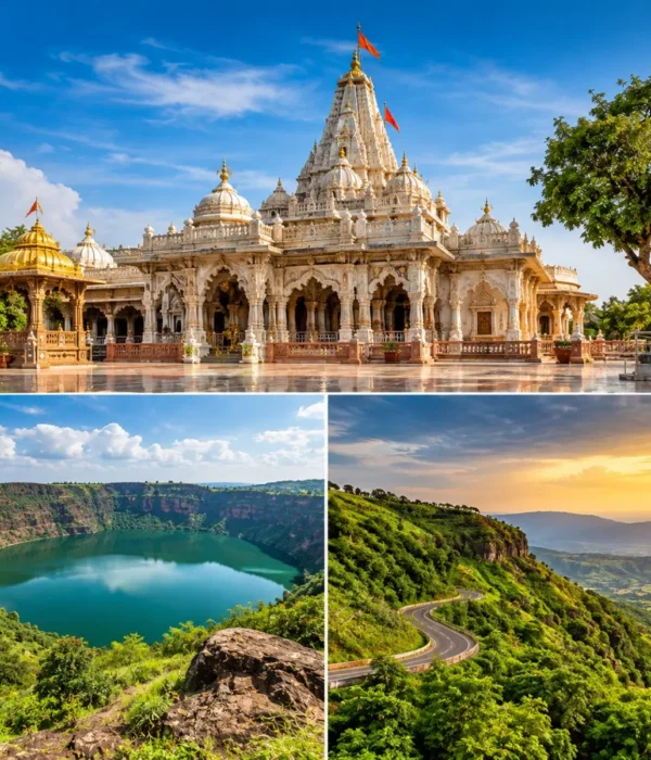 Shegaon Lonar Lake Chikhaldara Tour Package featuring Gajanan Maharaj Temple, Lonar Crater Lake, Chikhaldara viewpoints and lush forest landscapes.