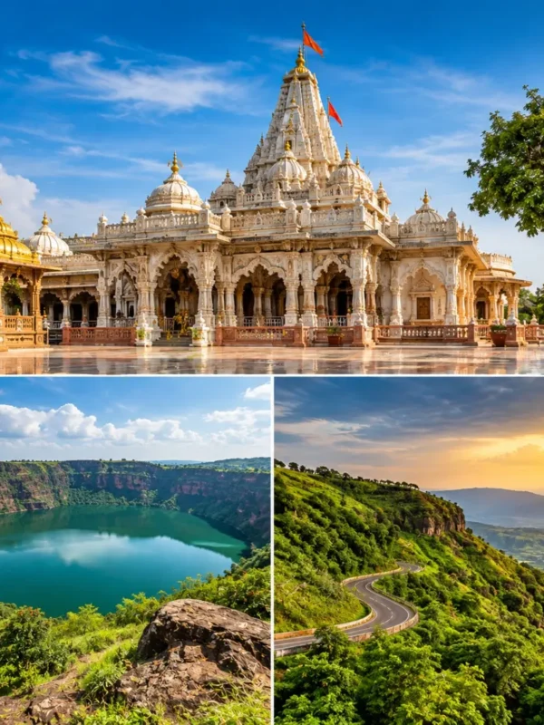 Shegaon Lonar Lake Chikhaldara Tour Package featuring Gajanan Maharaj Temple, Lonar Crater Lake, Chikhaldara viewpoints and lush forest landscapes.