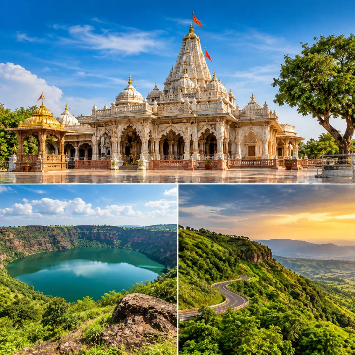 Shegaon Lonar Lake Chikhaldara Tour Package featuring Gajanan Maharaj Temple, Lonar Crater Lake, Chikhaldara viewpoints and lush forest landscapes.