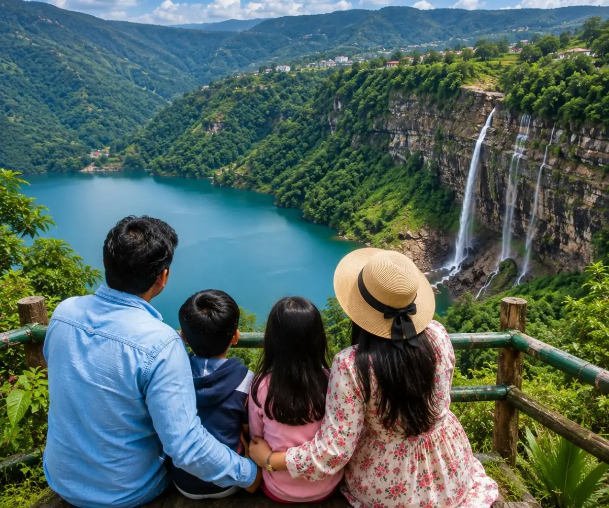 Shillong Cherrapunji Dawki Family Tour Package featuring Umngot River, Nohkalikai Falls, Double Decker Living Root Bridge, Elephant Falls and scenic Meghalaya landscapes.