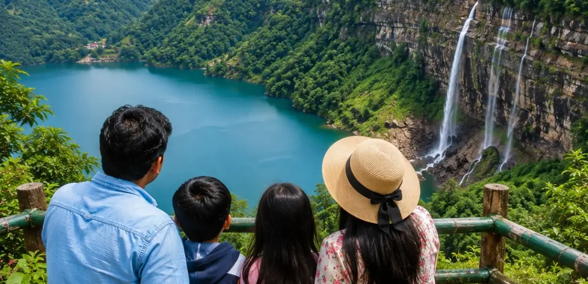 Shillong Cherrapunji Dawki Family Tour Package featuring Umngot River, Nohkalikai Falls, Double Decker Living Root Bridge, Elephant Falls and scenic Meghalaya landscapes.
