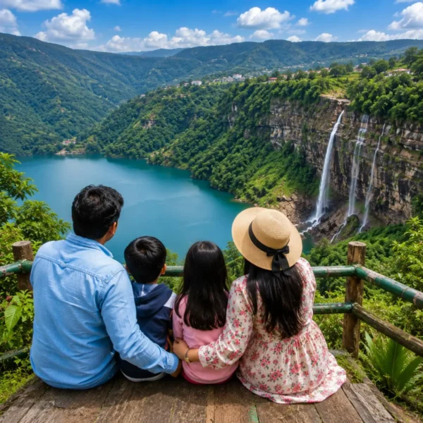 Shillong Cherrapunji Dawki Family Tour Package featuring Umngot River, Nohkalikai Falls, Double Decker Living Root Bridge, Elephant Falls and scenic Meghalaya landscapes.