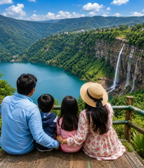 Shillong Cherrapunji Dawki Family Tour Package featuring Umngot River, Nohkalikai Falls, Double Decker Living Root Bridge, Elephant Falls and scenic Meghalaya landscapes.