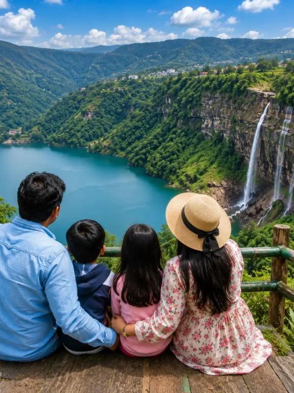Shillong Cherrapunji Dawki Family Tour Package featuring Umngot River, Nohkalikai Falls, Double Decker Living Root Bridge, Elephant Falls and scenic Meghalaya landscapes.