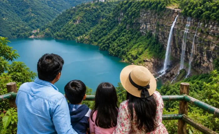 Shillong Cherrapunji Dawki Family Tour Package featuring Umngot River, Nohkalikai Falls, Double Decker Living Root Bridge, Elephant Falls and scenic Meghalaya landscapes.
