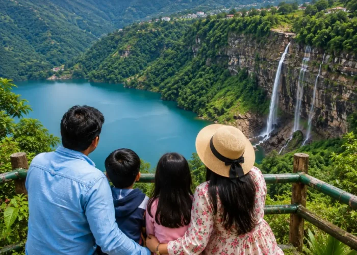 Shillong Cherrapunji Dawki Family Tour Package featuring Umngot River, Nohkalikai Falls, Double Decker Living Root Bridge, Elephant Falls and scenic Meghalaya landscapes.