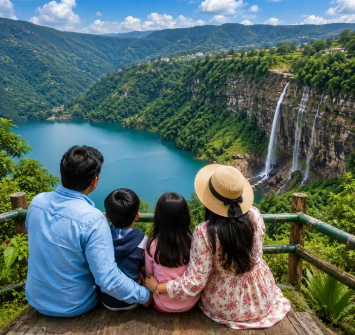 Shillong Cherrapunji Dawki Family Tour Package featuring Umngot River, Nohkalikai Falls, Double Decker Living Root Bridge, Elephant Falls and scenic Meghalaya landscapes.