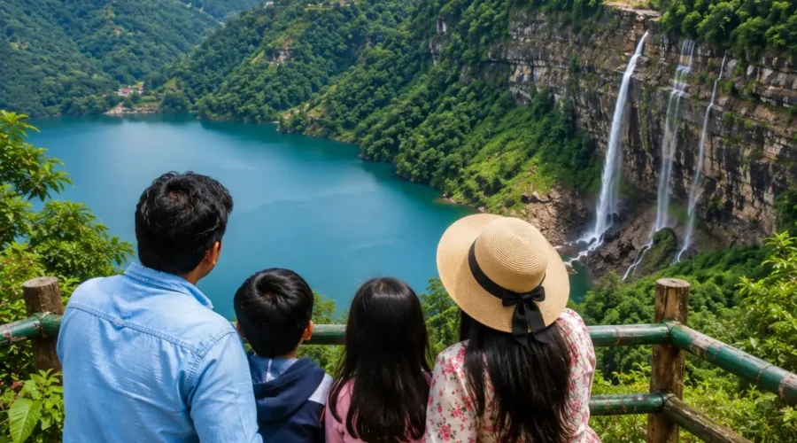 Shillong Cherrapunji Dawki Family Tour Package featuring Umngot River, Nohkalikai Falls, Double Decker Living Root Bridge, Elephant Falls and scenic Meghalaya landscapes.