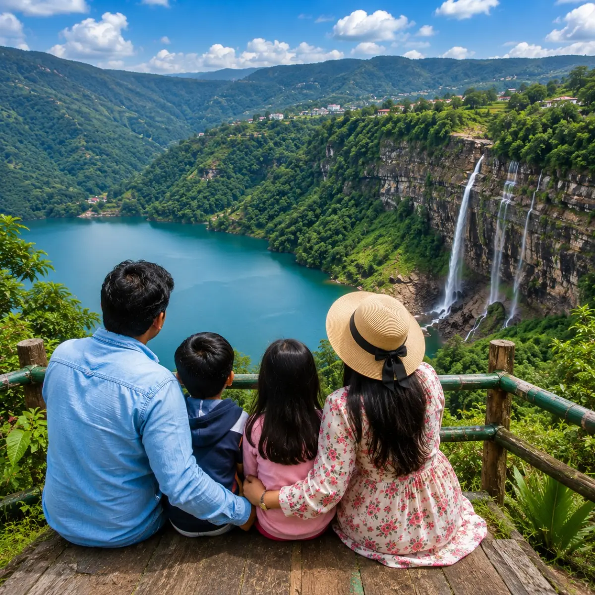 Shillong Cherrapunji Dawki Family Tour Package featuring Umngot River, Nohkalikai Falls, Double Decker Living Root Bridge, Elephant Falls and scenic Meghalaya landscapes.