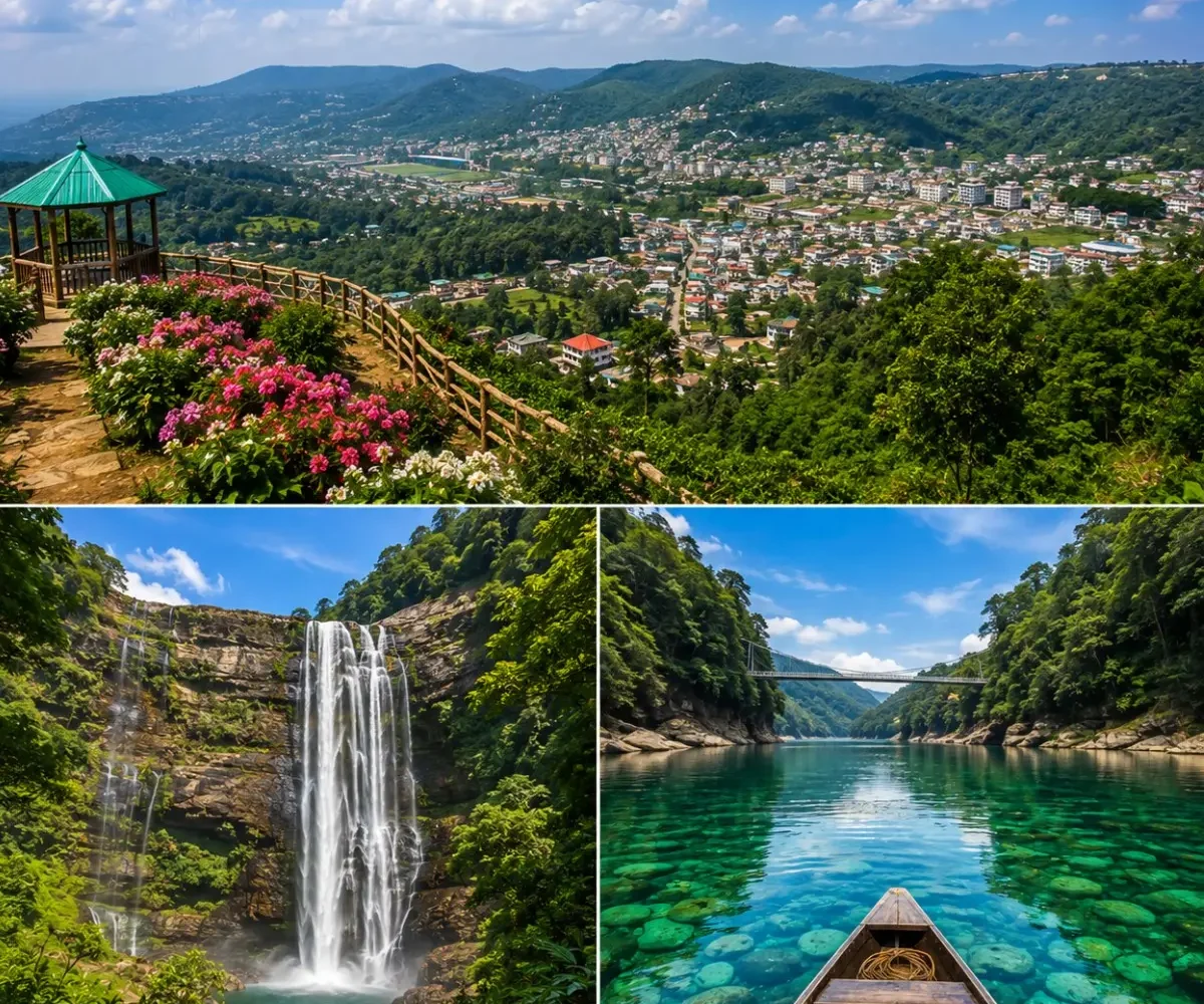 Shillong, Cherrapunji & Dawki Tour Package featuring Umngot River, Nohkalikai Falls, Living Root Bridge and Meghalaya landscapes