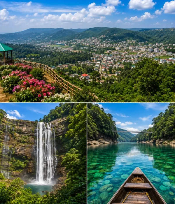 Shillong, Cherrapunji & Dawki Tour Package featuring Umngot River, Nohkalikai Falls, Living Root Bridge and Meghalaya landscapes