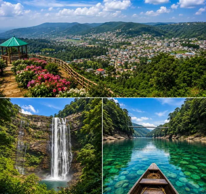 Shillong, Cherrapunji & Dawki Tour Package featuring Umngot River, Nohkalikai Falls, Living Root Bridge and Meghalaya landscapes