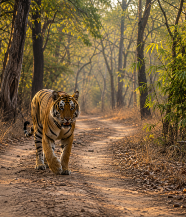 Tadoba Tiger Safari Tour featuring a Bengal tiger in the forest landscape of Tadoba Andhari Tiger Reserve