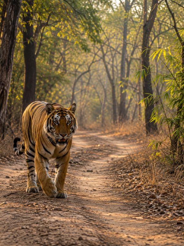 Tadoba Tiger Safari Tour featuring a Bengal tiger in the forest landscape of Tadoba Andhari Tiger Reserve