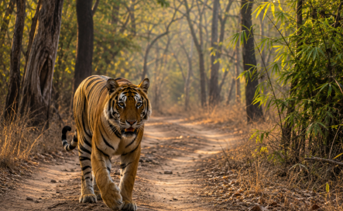 Tadoba Tiger Safari Tour featuring a Bengal tiger in the forest landscape of Tadoba Andhari Tiger Reserve