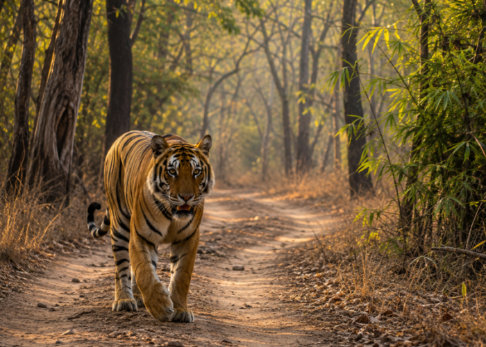 Tadoba Tiger Safari Tour featuring a Bengal tiger in the forest landscape of Tadoba Andhari Tiger Reserve