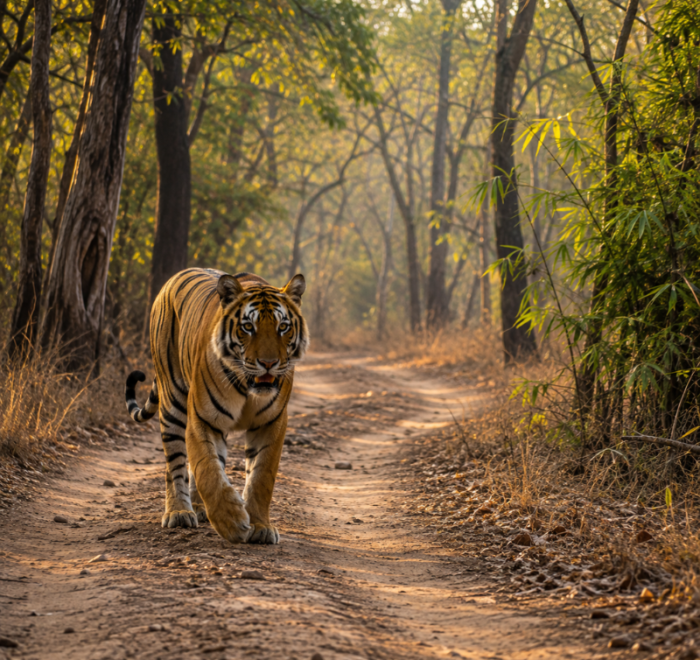 Tadoba Tiger Safari Tour featuring a Bengal tiger in the forest landscape of Tadoba Andhari Tiger Reserve