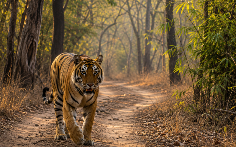 Tadoba Tiger Safari Tour featuring a Bengal tiger in the forest landscape of Tadoba Andhari Tiger Reserve