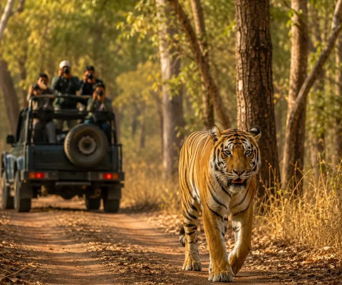 Tadoba Tiger Safari Tour Package featuring Bengal tigers, jeep safari, Tadoba Andhari Tiger Reserve, lakes and lush forest landscapes.