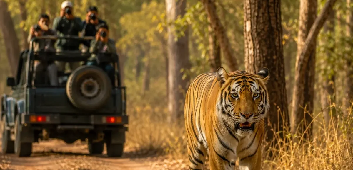 Tadoba Tiger Safari Tour Package featuring Bengal tigers, jeep safari, Tadoba Andhari Tiger Reserve, lakes and lush forest landscapes.
