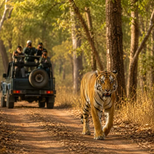Tadoba Tiger Safari Tour Package featuring Bengal tigers, jeep safari, Tadoba Andhari Tiger Reserve, lakes and lush forest landscapes.