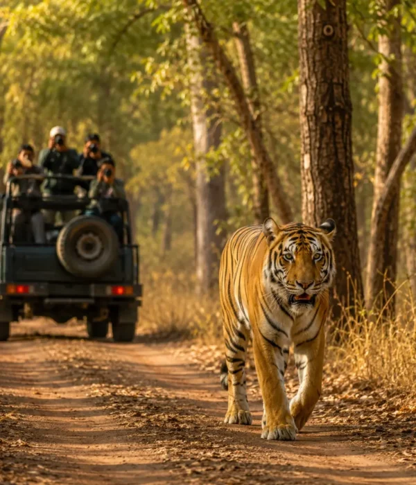 Tadoba Tiger Safari Tour Package featuring Bengal tigers, jeep safari, Tadoba Andhari Tiger Reserve, lakes and lush forest landscapes.