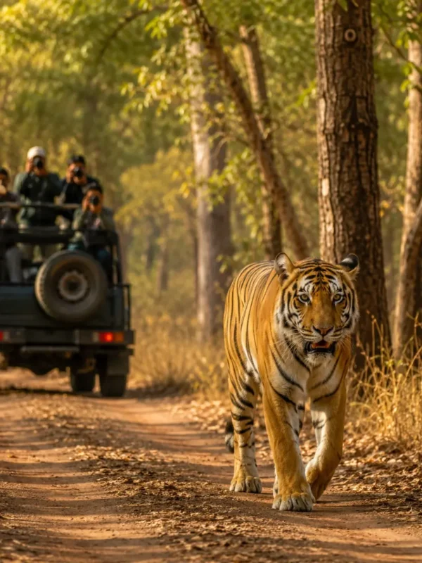 Tadoba Tiger Safari Tour Package featuring Bengal tigers, jeep safari, Tadoba Andhari Tiger Reserve, lakes and lush forest landscapes.
