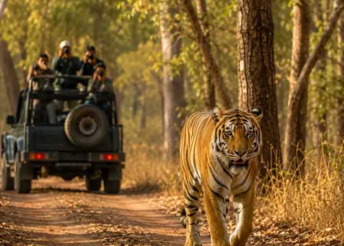 Tadoba Tiger Safari Tour Package featuring Bengal tigers, jeep safari, Tadoba Andhari Tiger Reserve, lakes and lush forest landscapes.