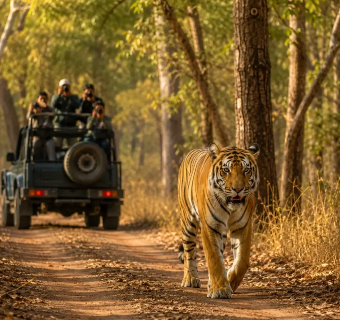 Tadoba Tiger Safari Tour Package featuring Bengal tigers, jeep safari, Tadoba Andhari Tiger Reserve, lakes and lush forest landscapes.
