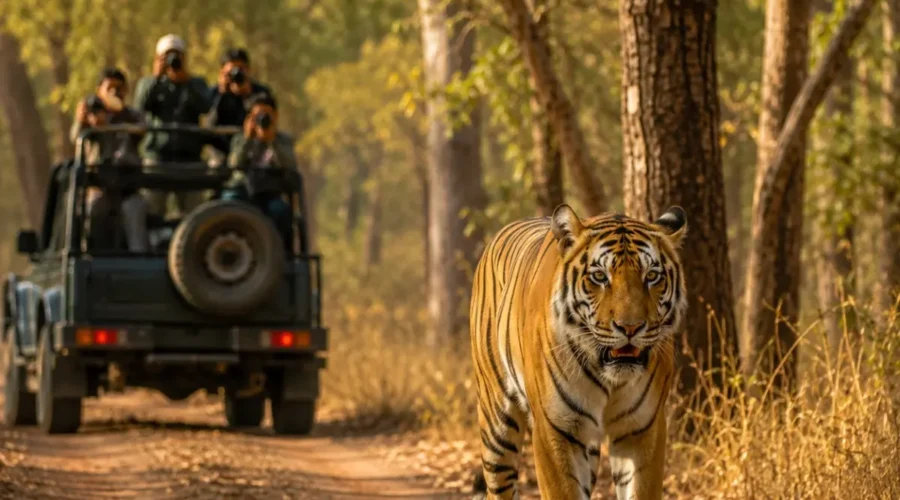Tadoba Tiger Safari Tour Package featuring Bengal tigers, jeep safari, Tadoba Andhari Tiger Reserve, lakes and lush forest landscapes.