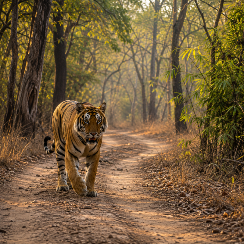 Tadoba Tiger Safari Tour featuring a Bengal tiger in the forest landscape of Tadoba Andhari Tiger Reserve