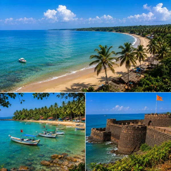 Tarkarli Malvan Sindhudurg Tour Package featuring Tarkarli Beach, Sindhudurg Fort, Malvan Beach, scuba diving, water sports and the Konkan coastline.