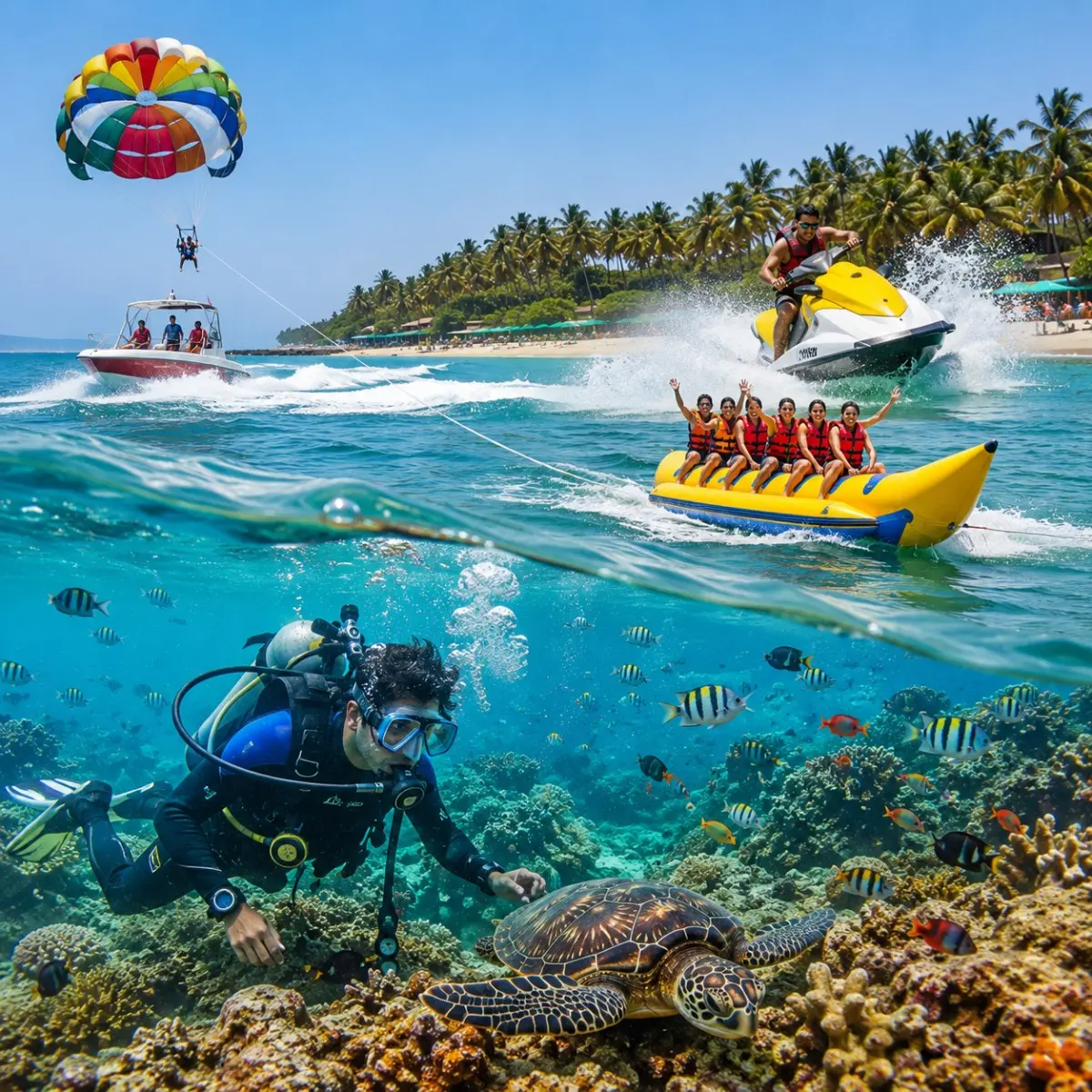 Tarkarli Scuba & Water Sports Tour Package featuring scuba diving, snorkeling, parasailing, jet skiing, Tarkarli Beach and Sindhudurg Fort.