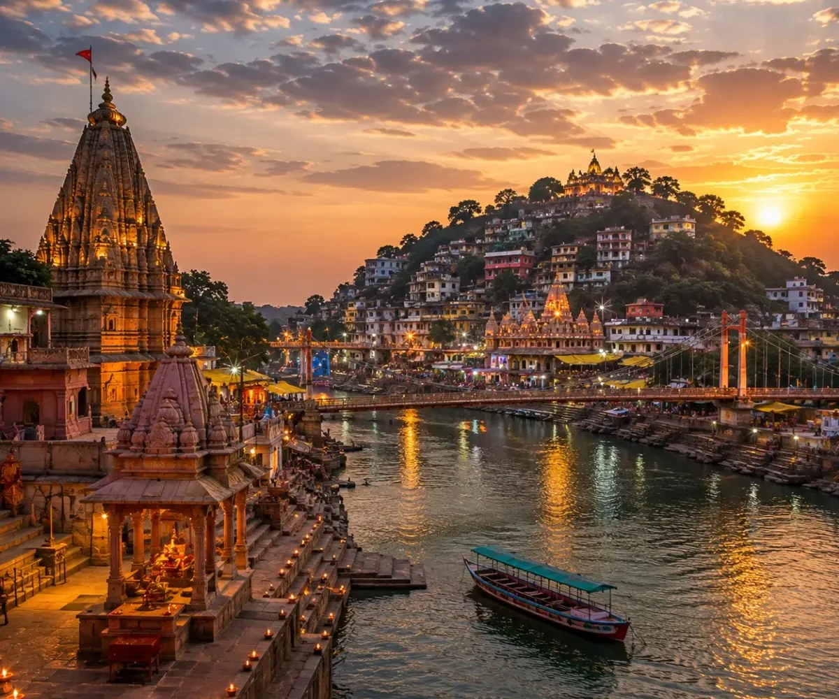 Ujjain Omkareshwar Jyotirlinga Tour Package featuring Mahakaleshwar Jyotirlinga, Omkareshwar Temple, Ram Ghat and Kaal Bhairav Temple.