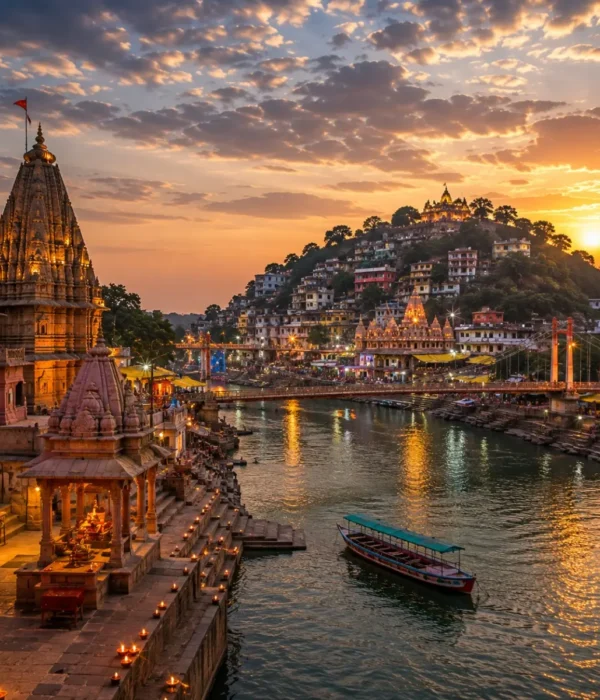 Ujjain Omkareshwar Jyotirlinga Tour Package featuring Mahakaleshwar Jyotirlinga, Omkareshwar Temple, Ram Ghat and Kaal Bhairav Temple.