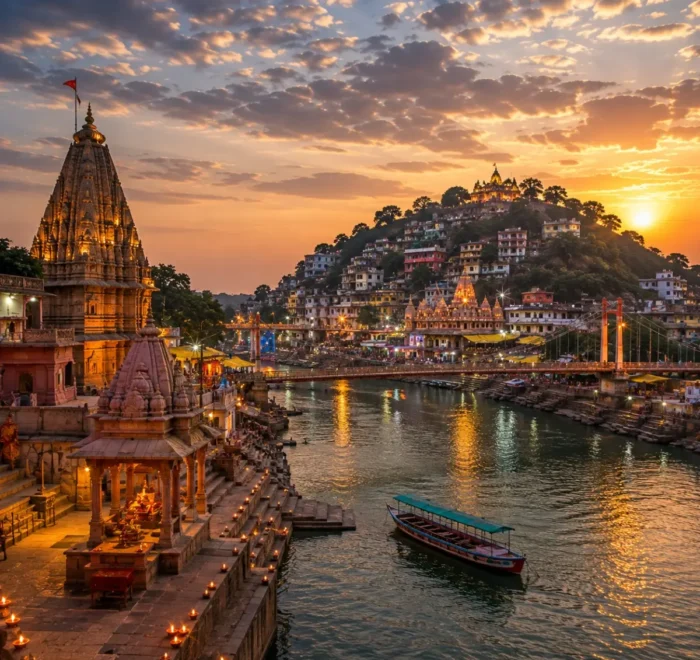 Ujjain Omkareshwar Jyotirlinga Tour Package featuring Mahakaleshwar Jyotirlinga, Omkareshwar Temple, Ram Ghat and Kaal Bhairav Temple.