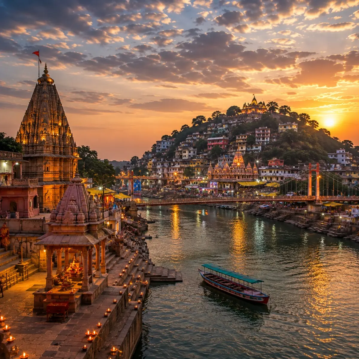 Ujjain Omkareshwar Jyotirlinga Tour Package featuring Mahakaleshwar Jyotirlinga, Omkareshwar Temple, Ram Ghat and Kaal Bhairav Temple.