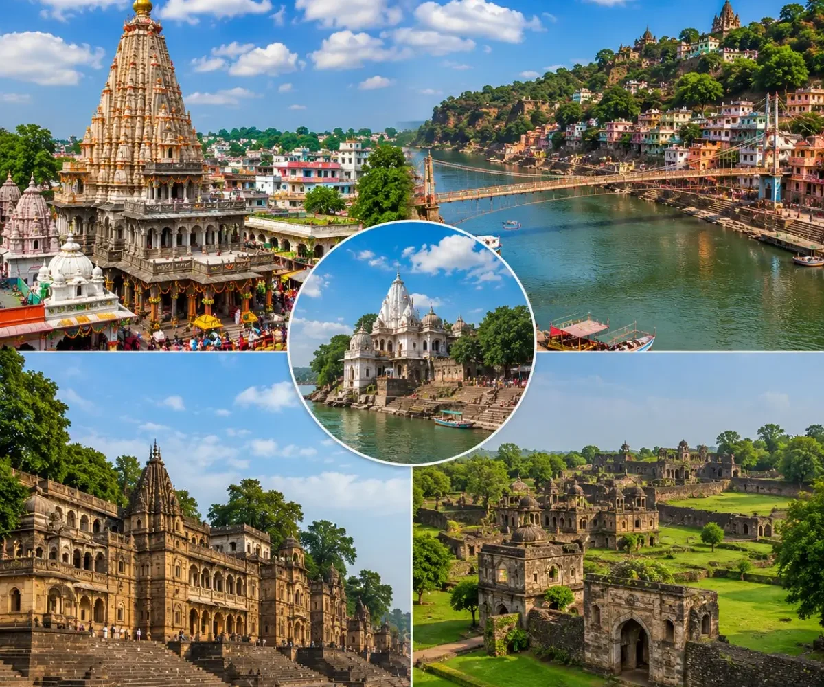 Ujjain Omkareshwar Maheshwar Mandu Tour Package featuring Mahakaleshwar Jyotirlinga, Omkareshwar Temple, Maheshwar Fort, Ahilya Fort and Jahaz Mahal Mandu.