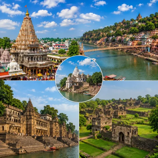 Ujjain Omkareshwar Maheshwar Mandu Tour Package featuring Mahakaleshwar Jyotirlinga, Omkareshwar Temple, Maheshwar Fort, Ahilya Fort and Jahaz Mahal Mandu.