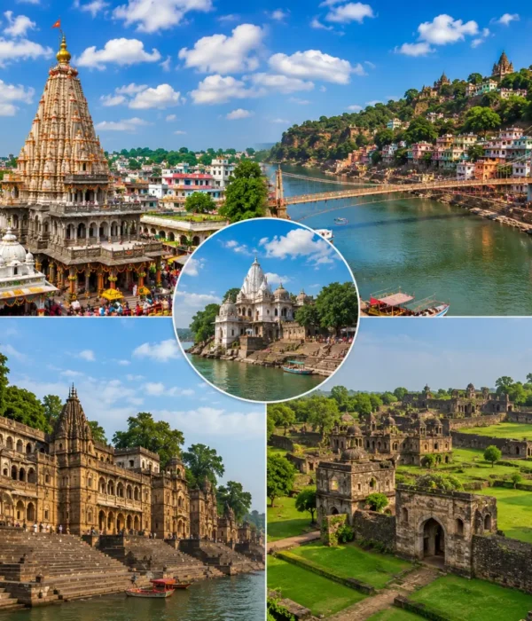 Ujjain Omkareshwar Maheshwar Mandu Tour Package featuring Mahakaleshwar Jyotirlinga, Omkareshwar Temple, Maheshwar Fort, Ahilya Fort and Jahaz Mahal Mandu.