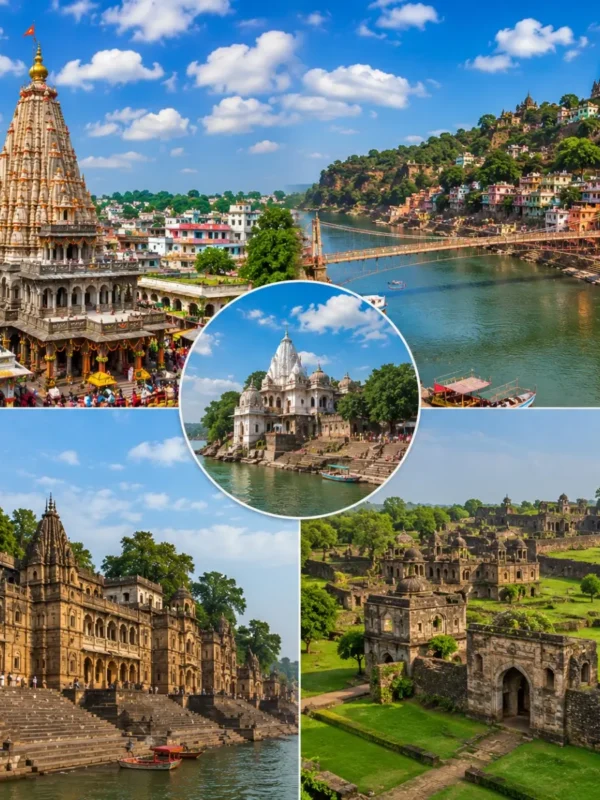 Ujjain Omkareshwar Maheshwar Mandu Tour Package featuring Mahakaleshwar Jyotirlinga, Omkareshwar Temple, Maheshwar Fort, Ahilya Fort and Jahaz Mahal Mandu.