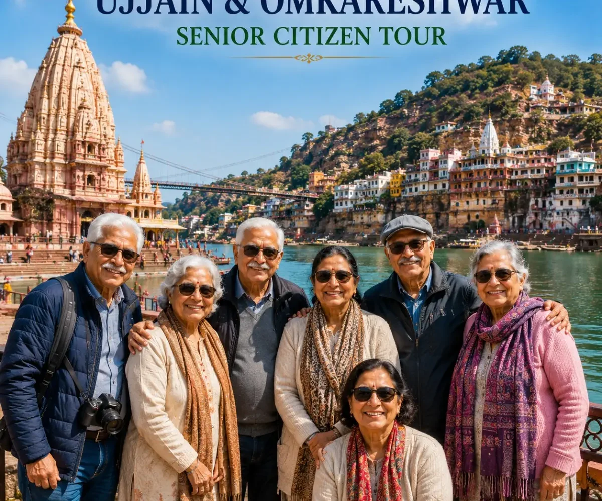 Ujjain Omkareshwar Senior Citizen Tour Package featuring Mahakaleshwar Jyotirlinga, Omkareshwar Temple, Narmada River and peaceful pilgrimage experiences.