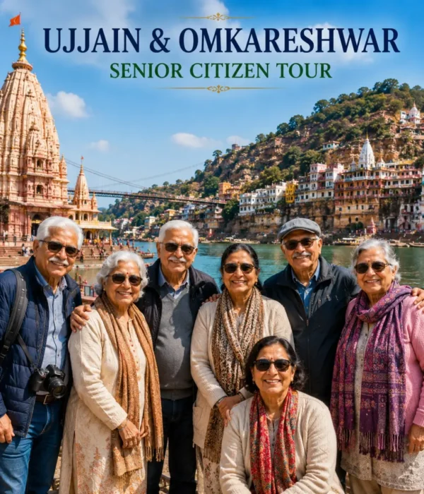 Ujjain Omkareshwar Senior Citizen Tour Package featuring Mahakaleshwar Jyotirlinga, Omkareshwar Temple, Narmada River and peaceful pilgrimage experiences.
