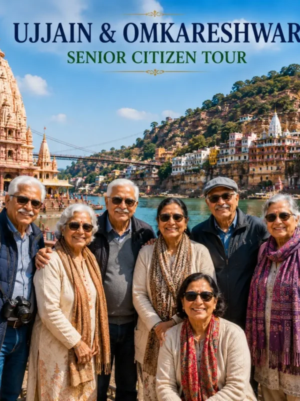 Ujjain Omkareshwar Senior Citizen Tour Package featuring Mahakaleshwar Jyotirlinga, Omkareshwar Temple, Narmada River and peaceful pilgrimage experiences.