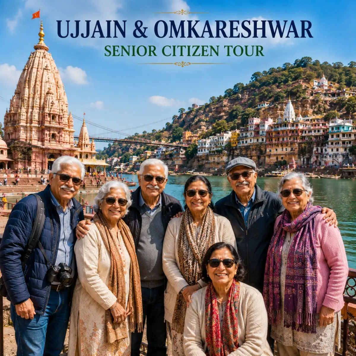 Ujjain Omkareshwar Senior Citizen Tour Package featuring Mahakaleshwar Jyotirlinga, Omkareshwar Temple, Narmada River and peaceful pilgrimage experiences.