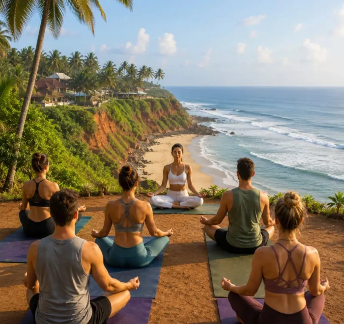 Varkala Beach Yoga Tour Package featuring cliffside yoga, meditation, Ayurveda, Varkala Beach, Papanasam Beach and Kerala wellness retreats.
