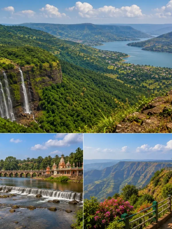 Wai Panchgani Mahabaleshwar Tour Package featuring Dholya Ganpati Temple, Table Land, Venna Lake, Arthur's Seat, Mapro Garden and lush Sahyadri hills.