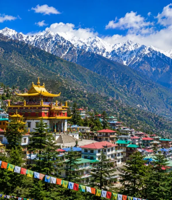 Dharamshala with Dhauladhar mountains, pine forests, Tibetan monastery and clear morning Himalayan views.